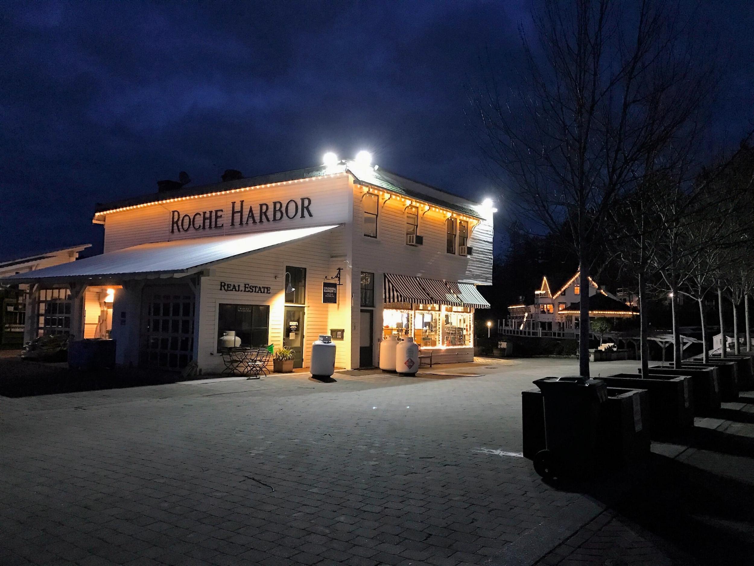 Roche Harbor’s cute General Store at Night