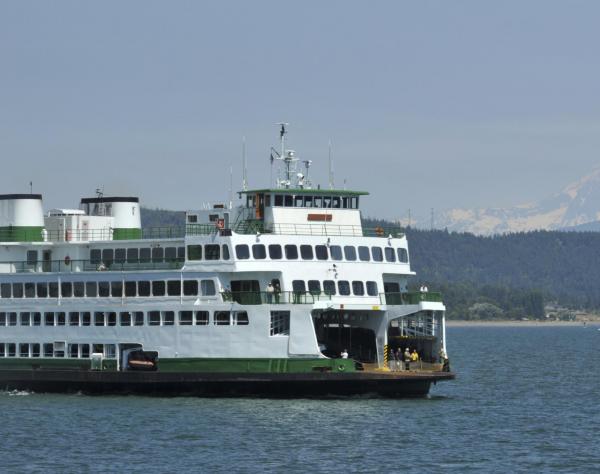 Ferry with Mt. Baker, San Juan Island, Washington