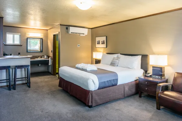 Earthbox Inn - San Juan Island Washington - Sky Place upstairs king bed counter and vanity