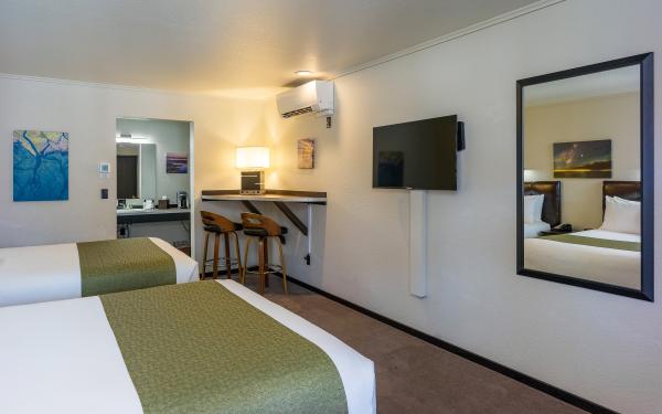 Earthbox Inn - San Juan Island Washington - Earth Place Upstairs side view of 2 queen beds tv and counter