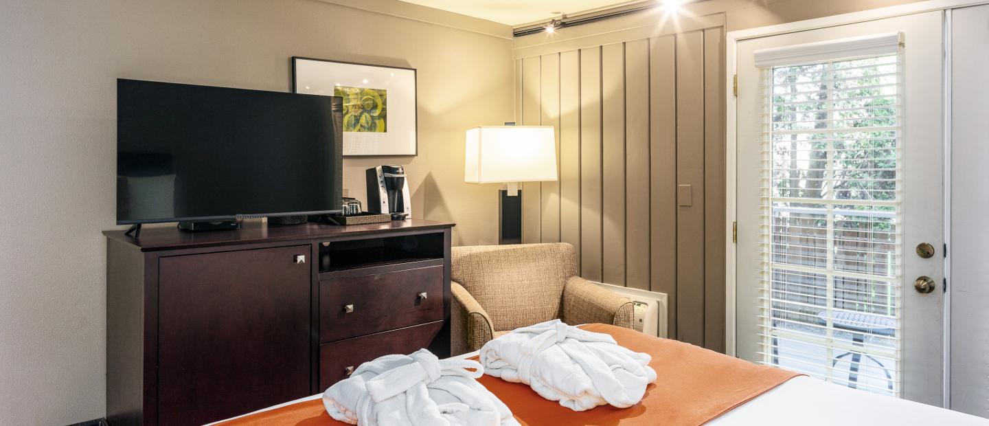 Earthbox Inn - San Juan Island Washington - Water Place downstairs view of tv from bed