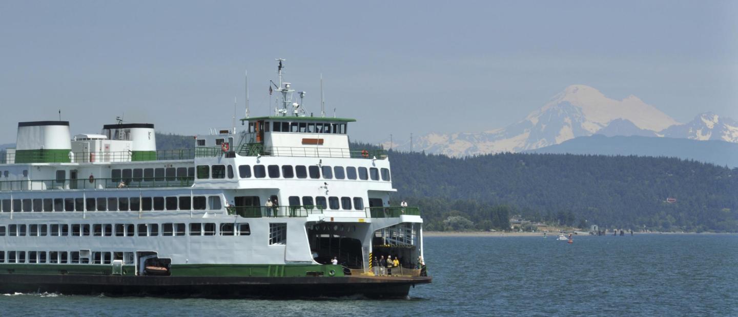 Ferry with Mt. Baker, San Juan Island, Washington